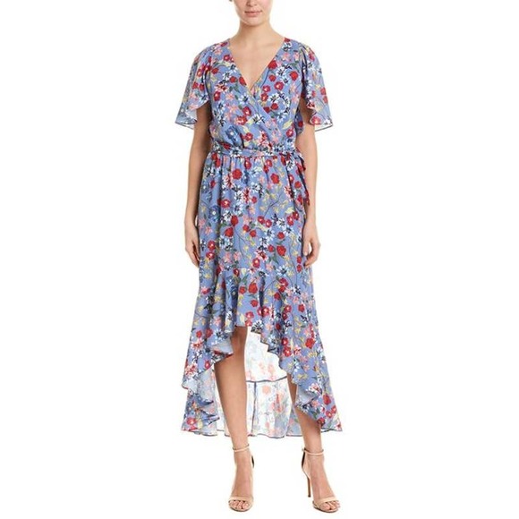 Parker Midi Wrap Dress Small Blue Floral Print Short Sleeve A-Line High-Low - Picture 1 of 11